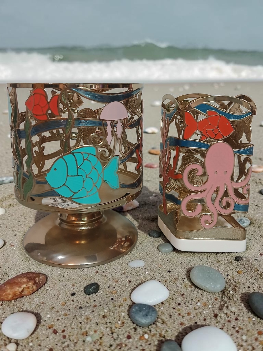Coastal Metal Candle Holder And Soap Holder Set with Pink Octopus & Teal Fish